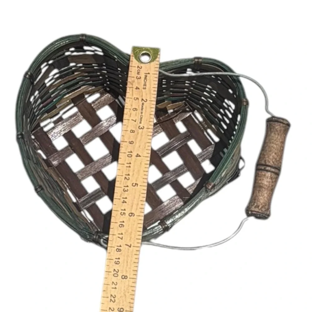 Vintage Heart Shaped Woven Basket Wood Handle Primitive Farmhouse Cottage Decor